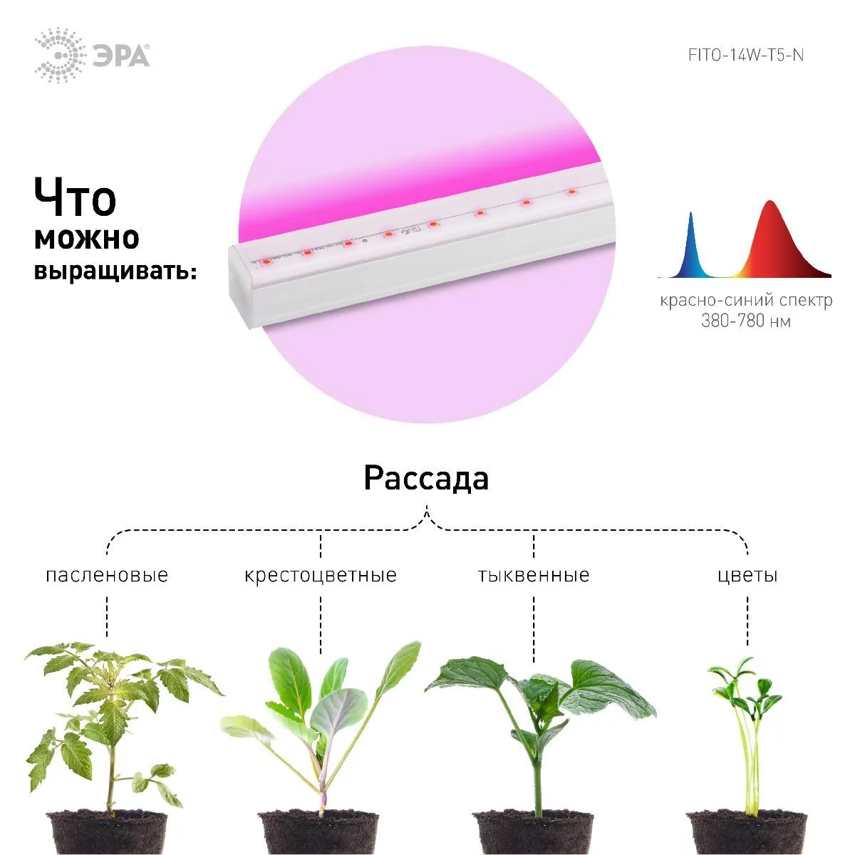 Светильник для растений, фитолампа светодиодная линейная ЭРА FITO-14W-Т5-N красно-синего спектра 14 Вт Т5