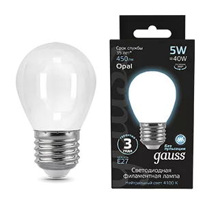Лампа Gauss Filament Шар 5W 450lm 4100К Е27 milky LED 1/10/50