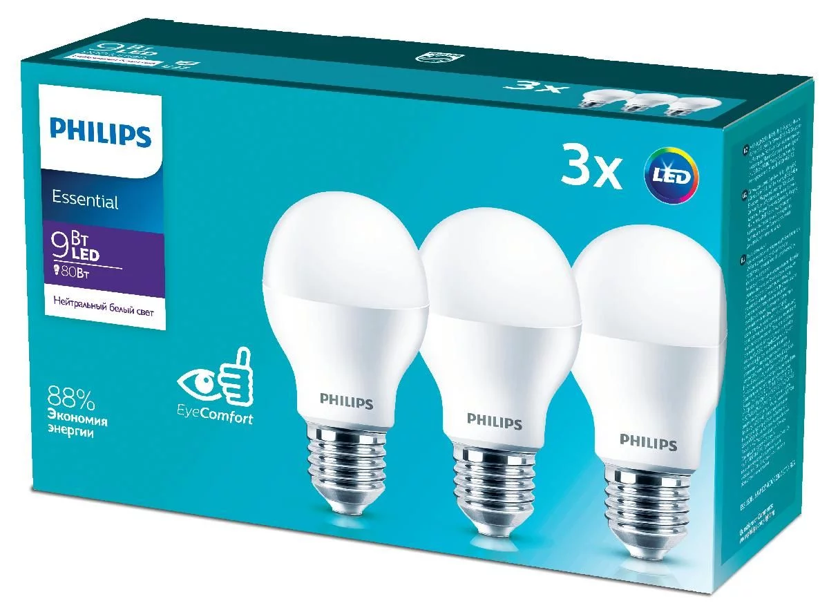 Лампочки светодиодные Philips ESS LEDBulb А55 9Вт 4000К Е27 / E27 груша матовая нейтральный белый свет набор 3 штуки