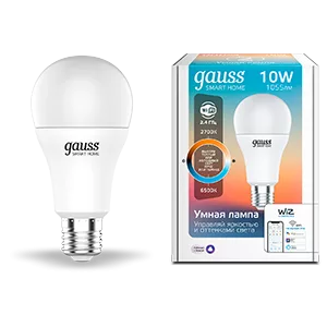 Лампа Gauss Smart Home A60 10W 1055lm 2700-6500К E27 изм.цвет.темп.+диммирование LED 1/10/40