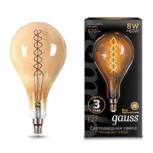 Лампа Gauss Filament А160 8W 620lm 2400К Е27 golden flexible LED 1/6
