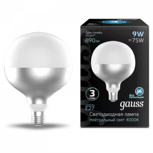 Лампа Gauss Filament G125 9W 890lm 4100К Е27 mirror-milky LED 1/10