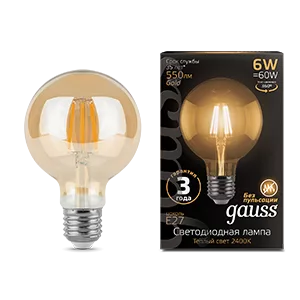 Лампа Gauss Filament G95 6W 550lm 2400К Е27 golden LED 1/20