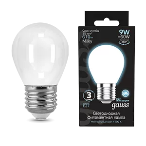 Лампа Gauss Filament Шар 9W 610lm 4100К Е27 milky LED 1/10/50