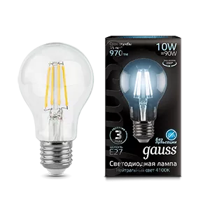 Лампа Gauss Filament А60 10W 970lm 4100К Е27 LED 1/10/40