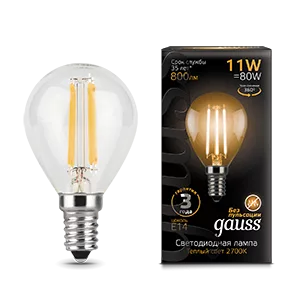 Лампа Gauss Filament Шар 11W 810lm 2700К Е14 LED 1/10/50