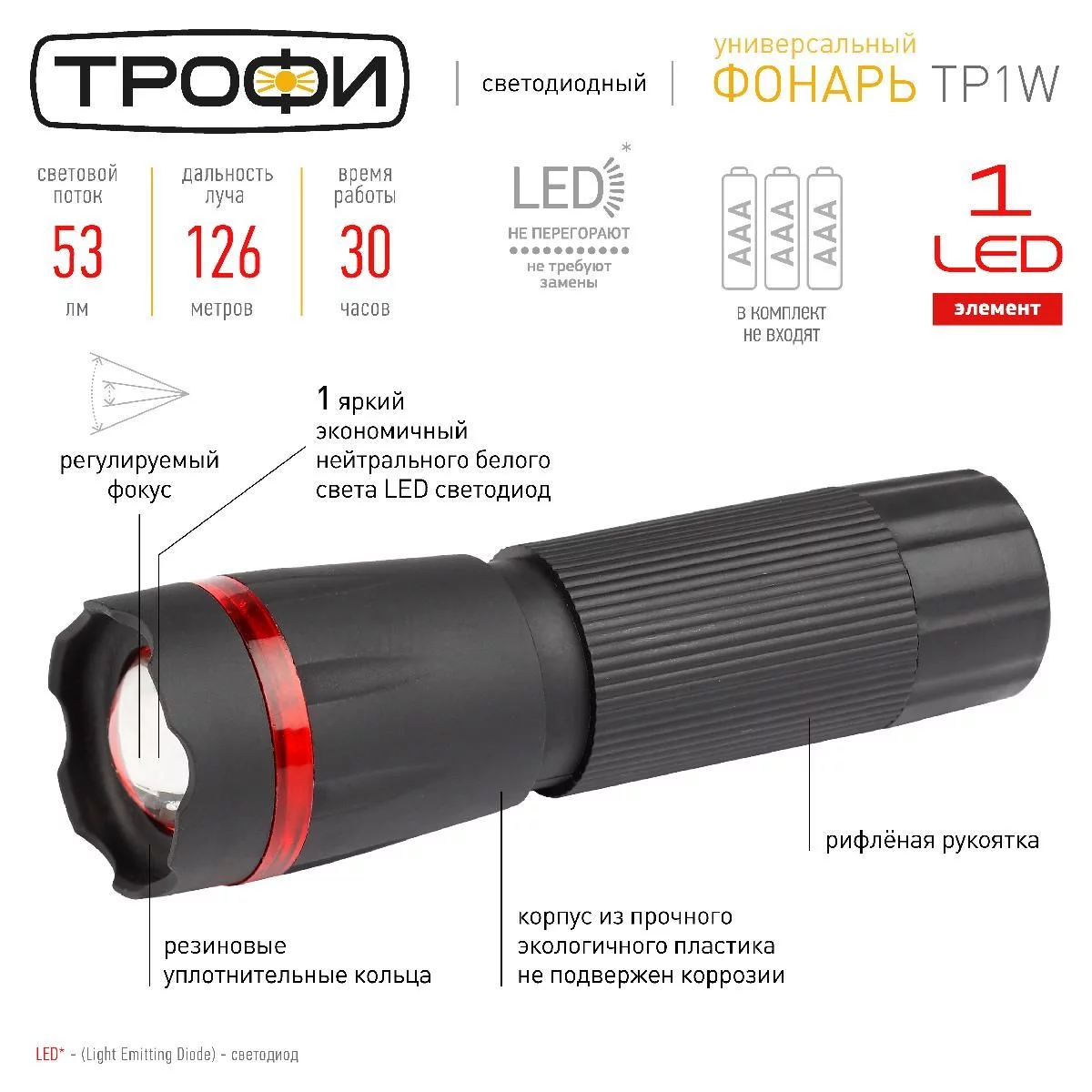 Светодиодный фонарь Трофи TP1W ручной на батарейках с регулируемым фокусом