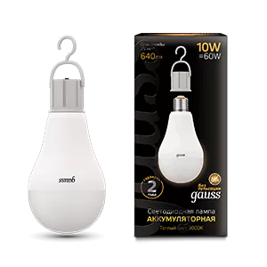 Лампа Gauss A60 10W 640lm 3000K E27 с Li-Ion аккумулятором LED 1/10/60