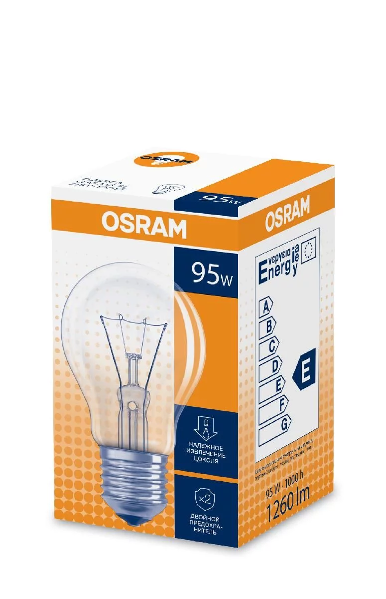 Лампочка Osram A55 95Вт Е27 / E27 230В груша прозрачная