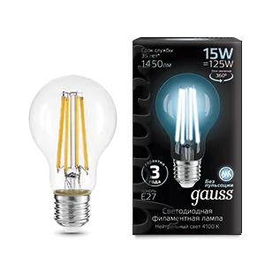 Лампа Gauss Filament А60 15W 1450lm 4100К Е27 LED 1/10/40