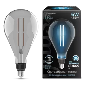 Лампа Gauss Filament PS160 6W 330lm 4000К Е27 gray straight LED 1/6
