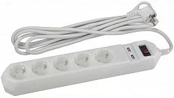 Сетевой фильтр ЭРА  USF-5es-1.5m-USB-W с базовой защитой с заземлением с выключателем 5 розеток 1,5м 2хUSB 10А белый