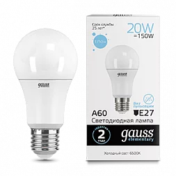 Лампа Gauss Elementary A60 20W 1750lm 6500K E27 LED 1/10/50