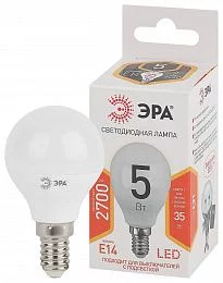 Лампочка светодиодная ЭРА STD LED P45-5W-827-E14 E14 / Е14 5Вт шар теплый белый свет