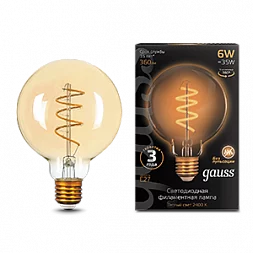 Лампа Gauss Filament G95 6W 360lm 2400К Е27 golden flexible LED 1/20